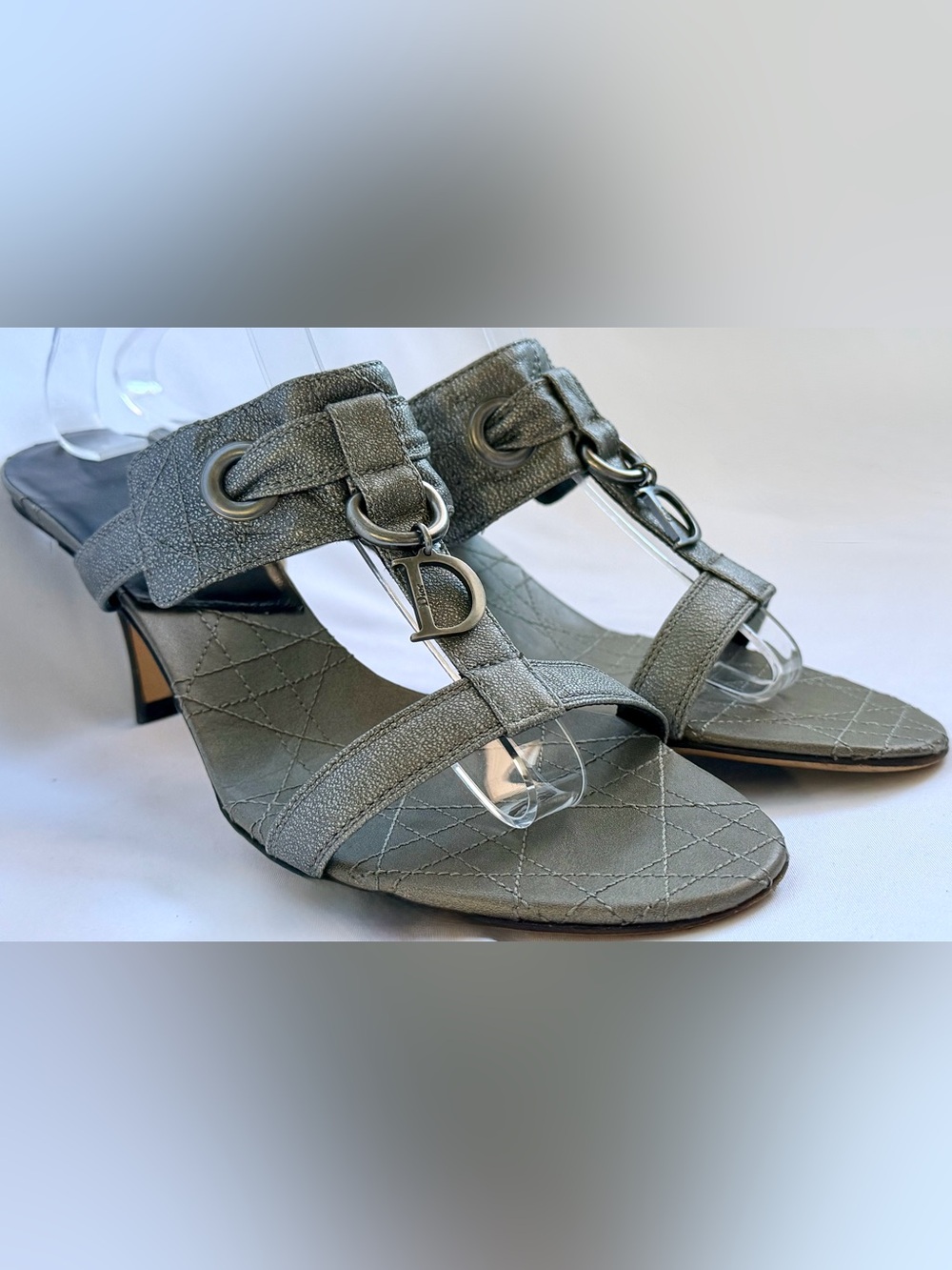 Christian Dior Y2K Metallic Silver Cannage D Charm Stiletto Heels Sandals 38.5